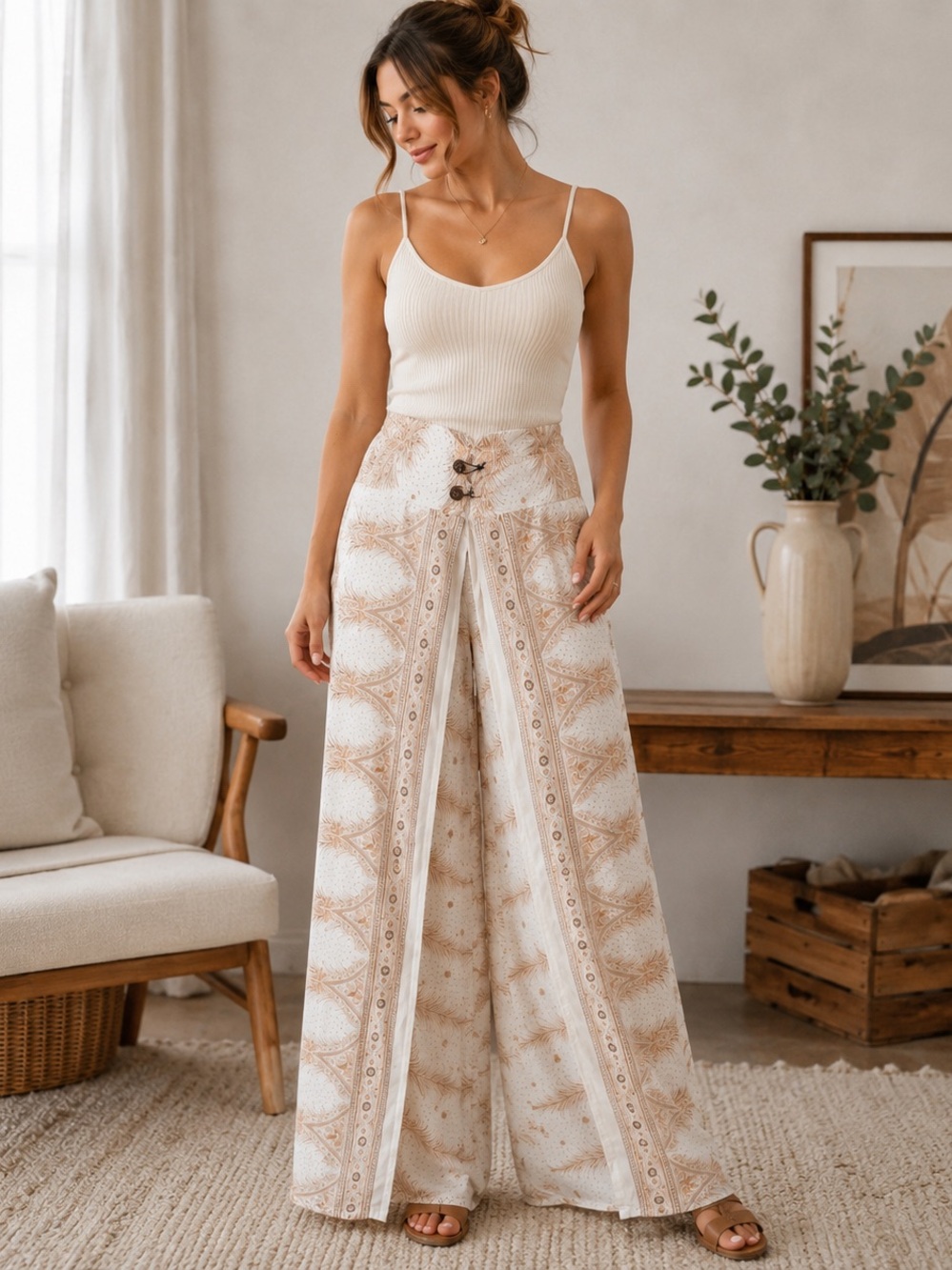 Boho Wrap Wide Leg Palazzo Pants Drop Crotch Flowy Neutral Print
